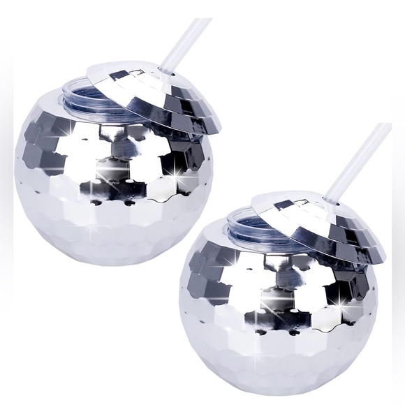None Other - Set of 9 Silver Disco Ball Drink Cups and disco ball foil balloons